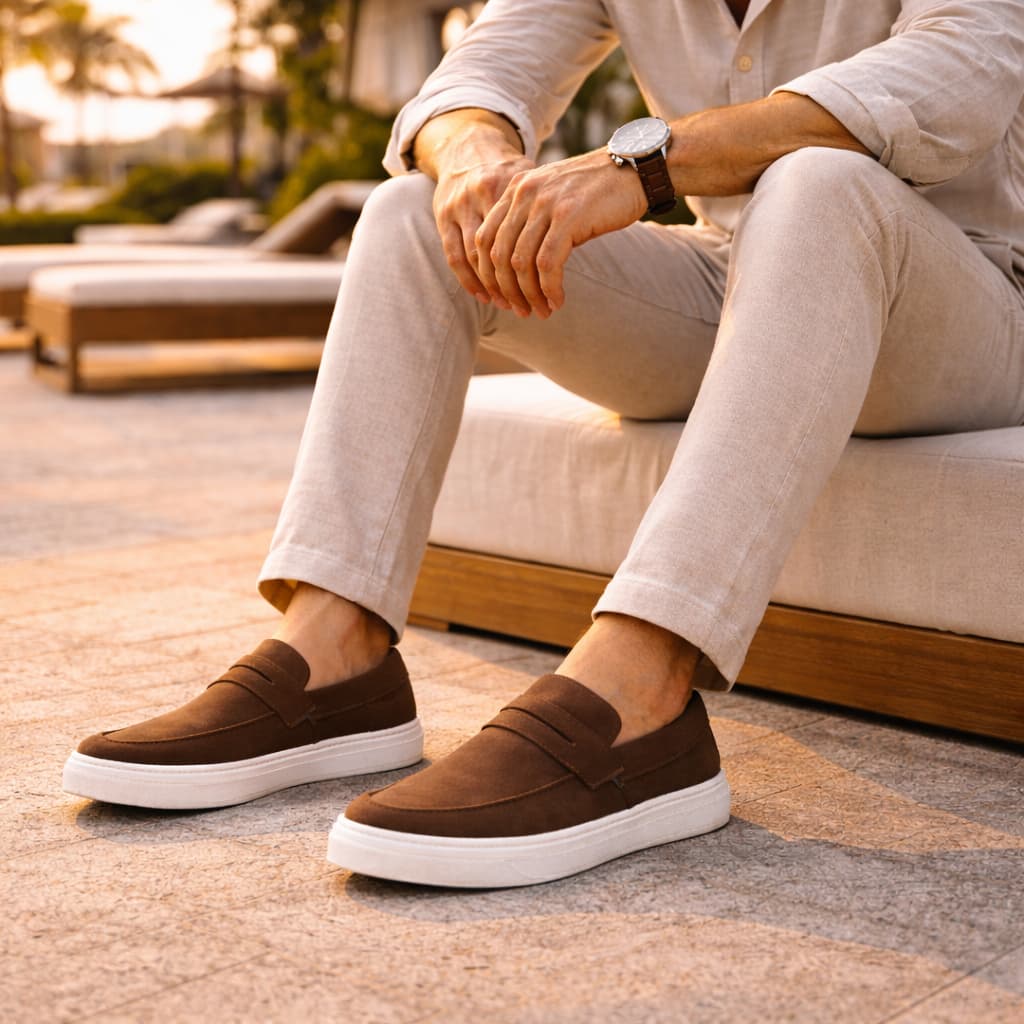 Mocassim Masculino Camurça Areia Sola Branca Casual Confortável Premium