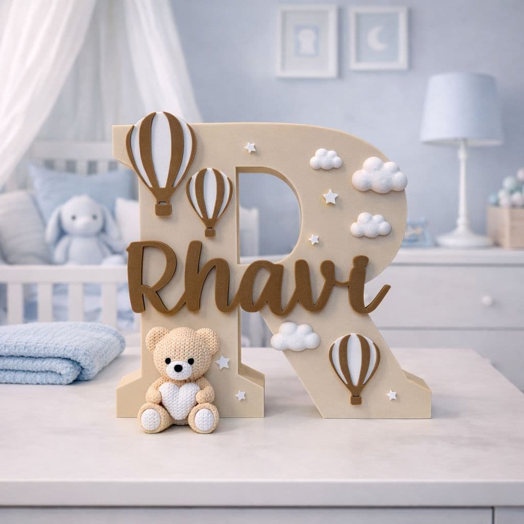 Letra e Nome Decorativo Personalizado em Relevo Urso Balões Nuvens Decoração Maternidade Quarto Bebê