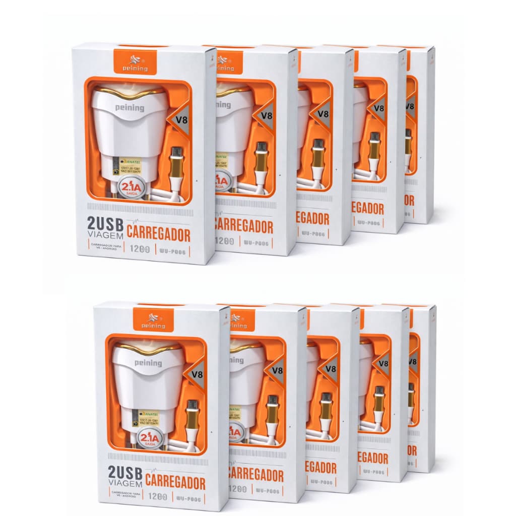 Kit 10 Un Carregador Duplo Carga Rápida Compatível Usb V8 Branco atacado PROMOÇÃO