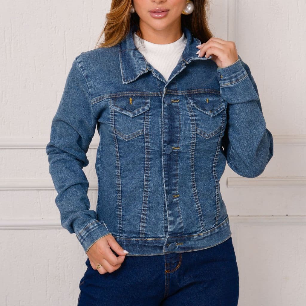 Jaqueta de Lycra Com Jeans Marmorizada Premium de Botões Envelopados