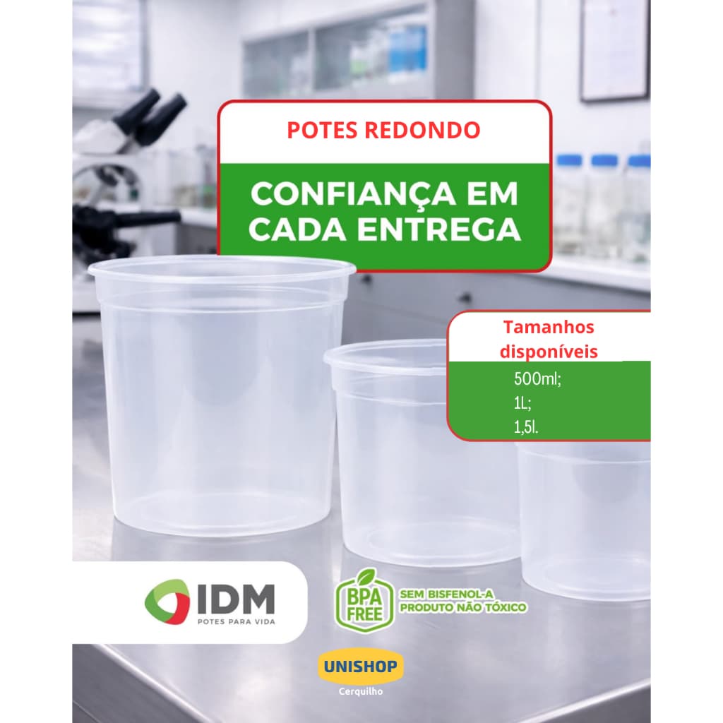 Kit Pote Redondo 500ml/1 litro/ 1,5 litros - c/ 10 Unidades