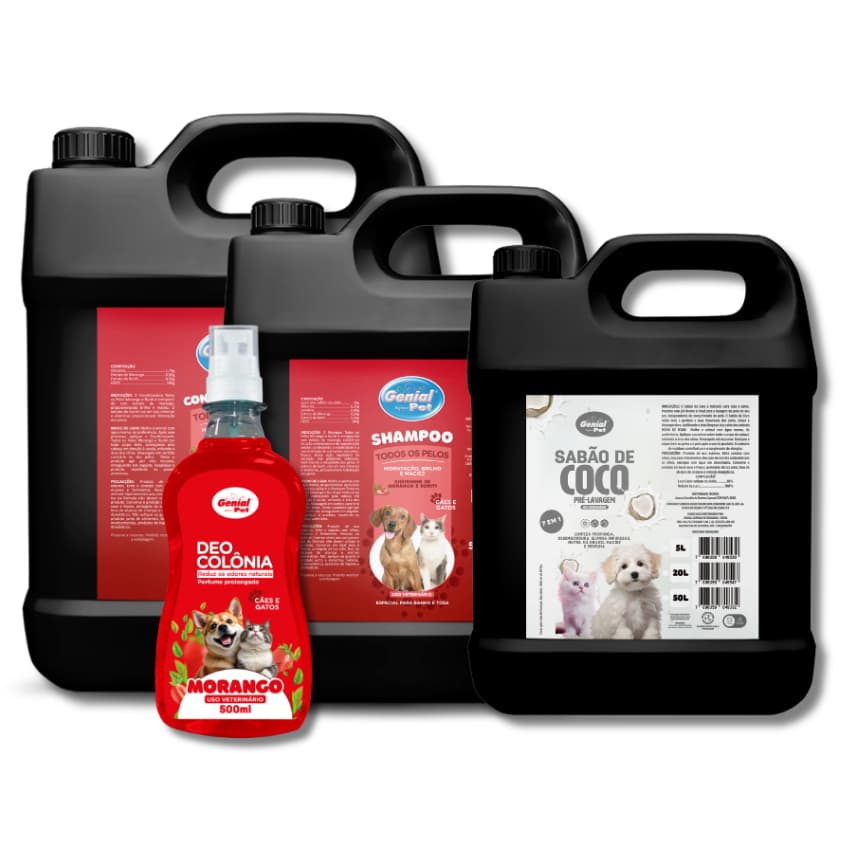 Kit Shampoo e Condicionador Morango, Sabão de Coco Pré Lavagem e Deo Colônia Profissional 5L - Banho e Tosa