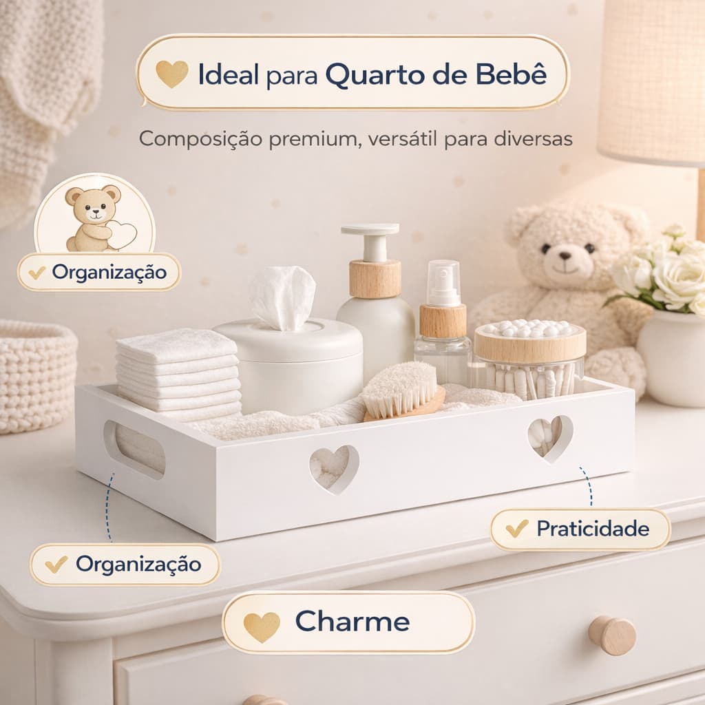 Bandeja Coração, Amor, Branca p/ Utilidade, Presente, Café da Manhã