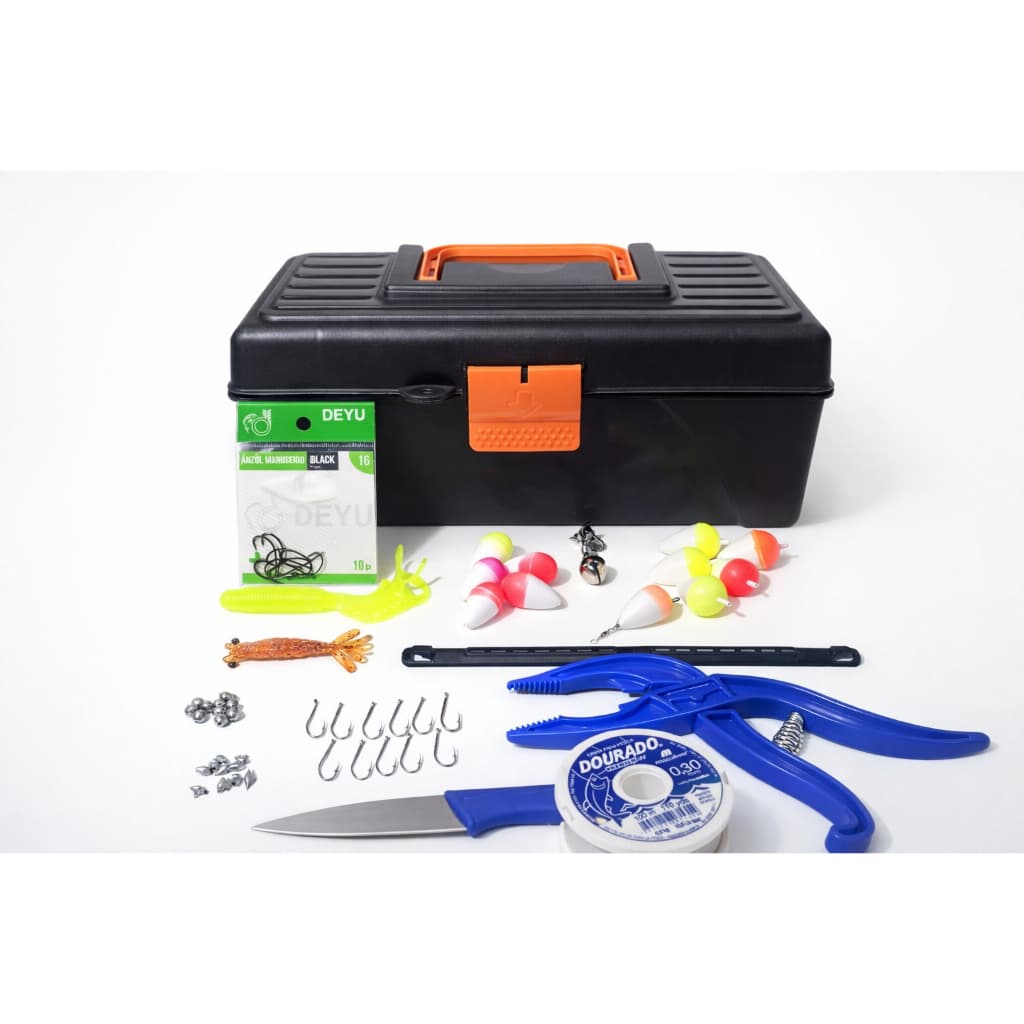 Caixa de Pesca com Estojo Kit Linha Anzol Boia Alicate Faca Fileteira Pescaria Soft Artificial Tilapia Porquinho Tucuna