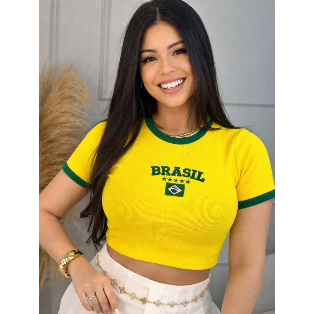 Cropped Brasil Feminino Torcida Copa Do Mundo Manga Curta