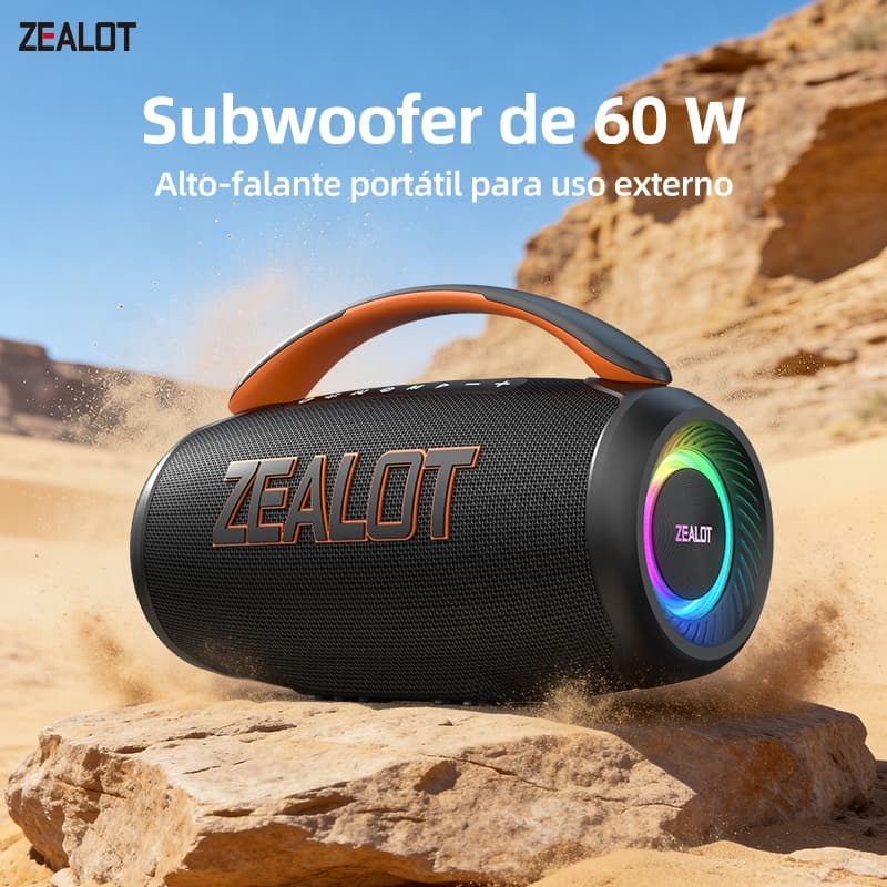 ZEALOT P12 Caixa de Som Bluetooth Portátil 60W Potente para Exterior, Som Alto Desempenho, Bateria 8000mAh Longa Duração