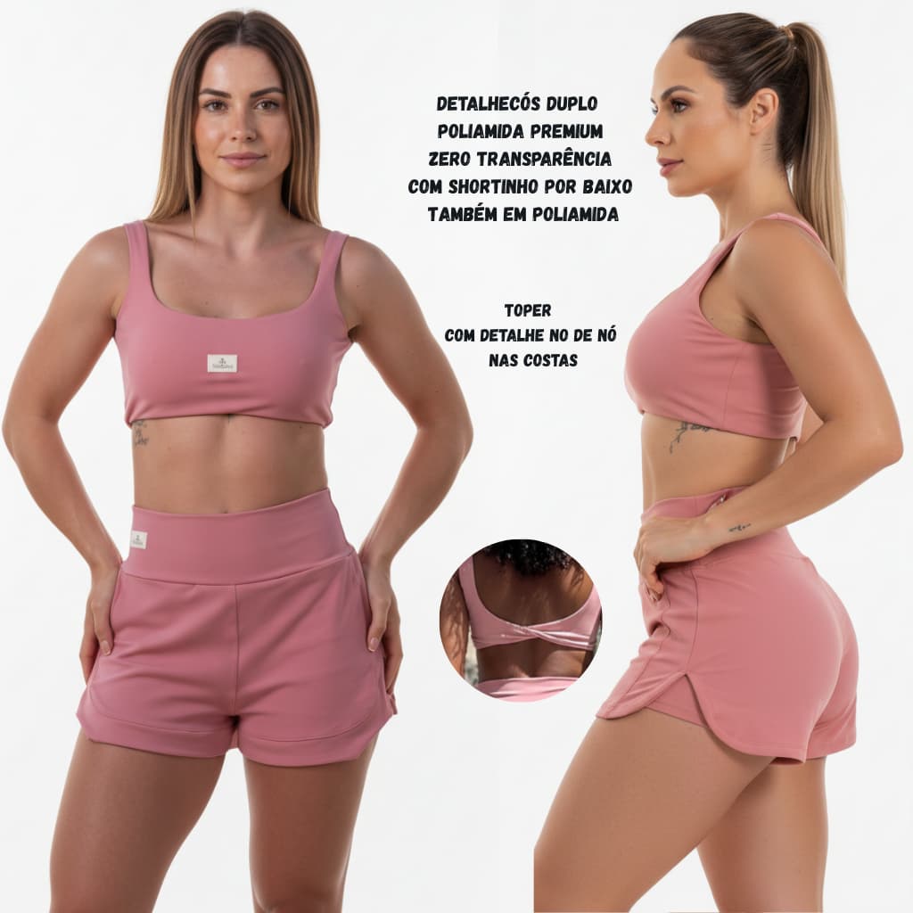 Conjunto Fitness Feminino Short Duplo Com Shortinho Embutido + Top Academia