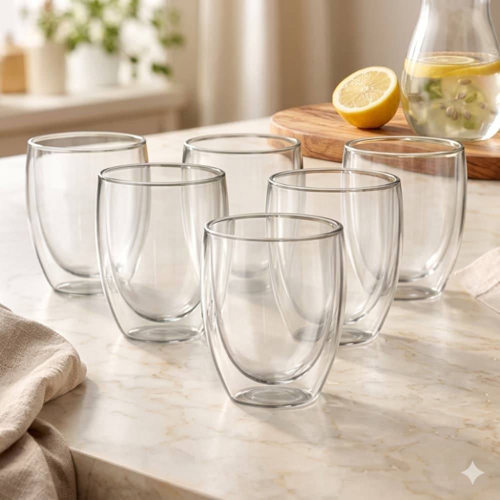 Conjunto de copos 2/4/6 unidades Parede Dupla Vidro 250ml térmico Transparente Café