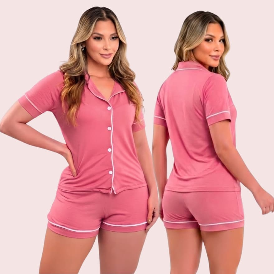 Conjunto Pijama Americano Curto Liso Rosa Chiclete Luxo Malha Macia Blogueira Verão Premium