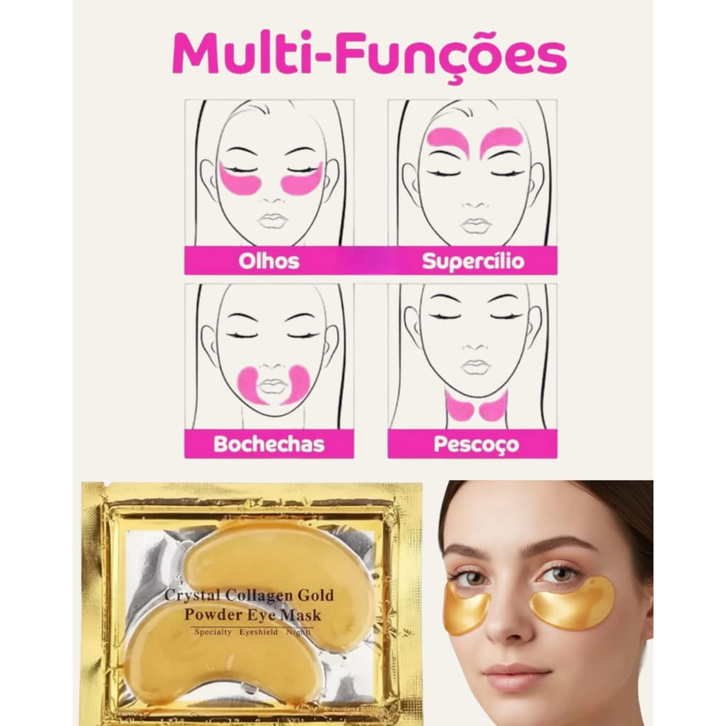 Kit com 10 Máscaras de Olhos Crystal Collagen Gold – Hidratante, Anti-Olheiras e Anti-Idade