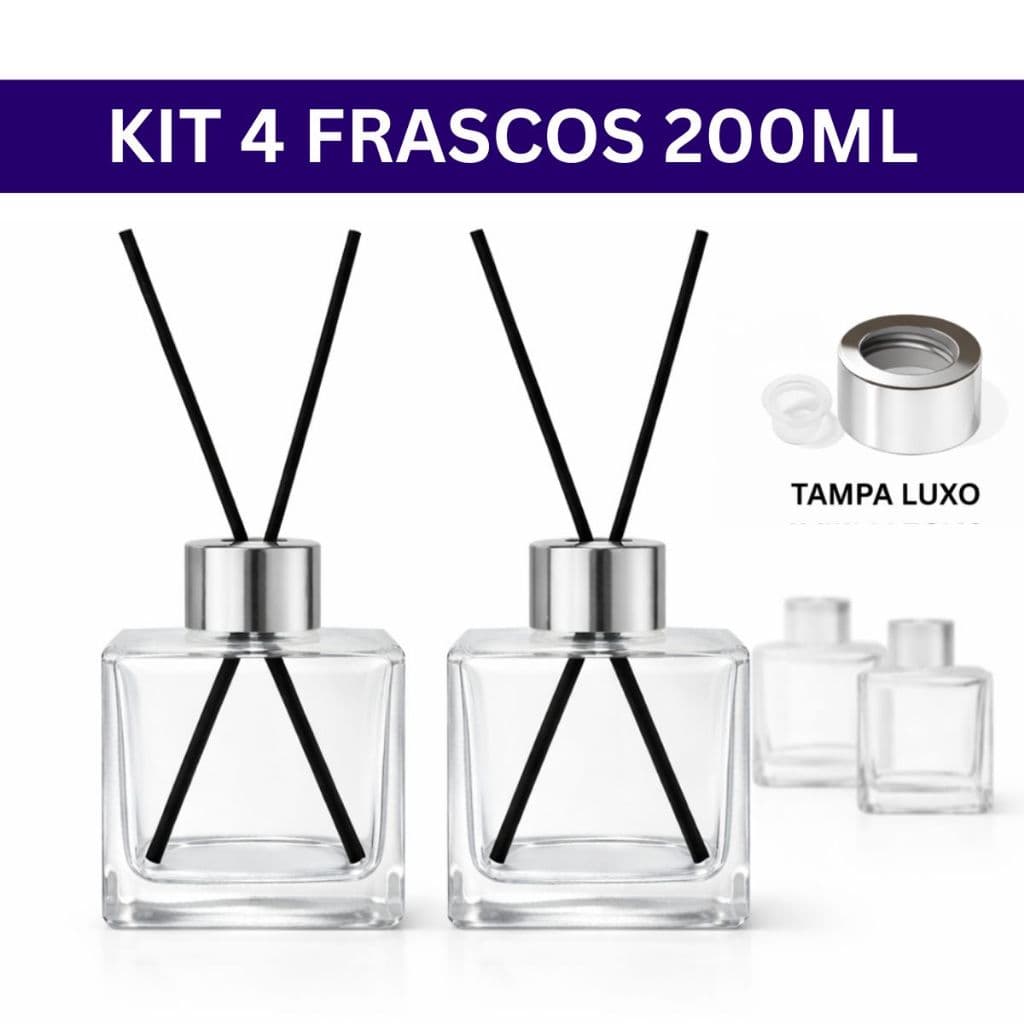 Kit 4 Frascos de Vidro 200ml Cubo para Aromatizador de Ambiente com Varetas e Tampa Luxo