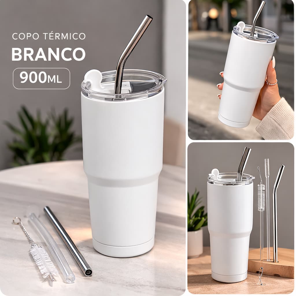 Copo Térmico Branco 900ml com Canudo de Aço Inox e Escova