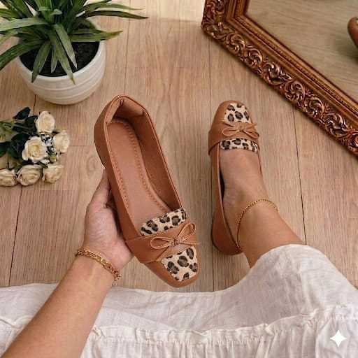 Mocassim Feminino Sapatilha Confortável Caramelo com Laço Animal Print Onça Para Trabalho