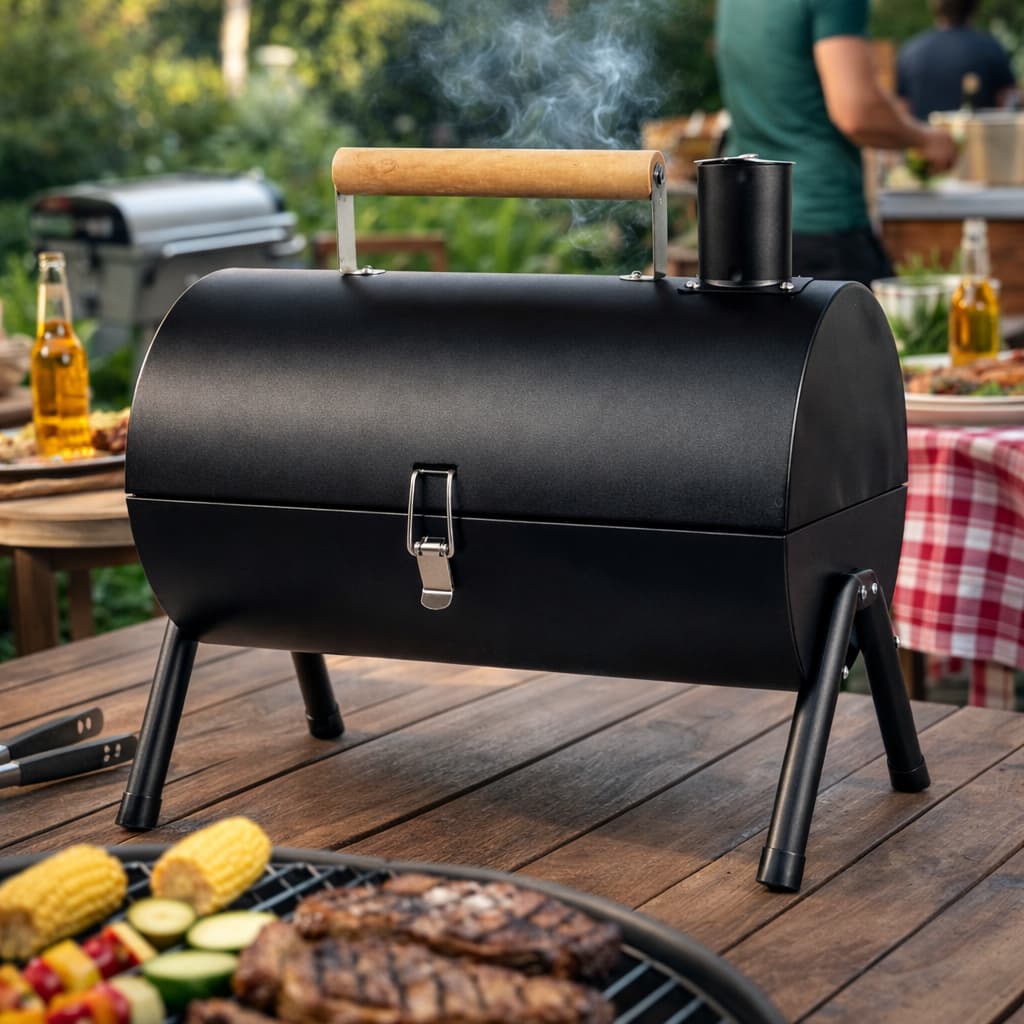 Churrasqueira Portátil Grill Carvão sem Fumaça com Chaminé Preta Premium Apartamento Camping