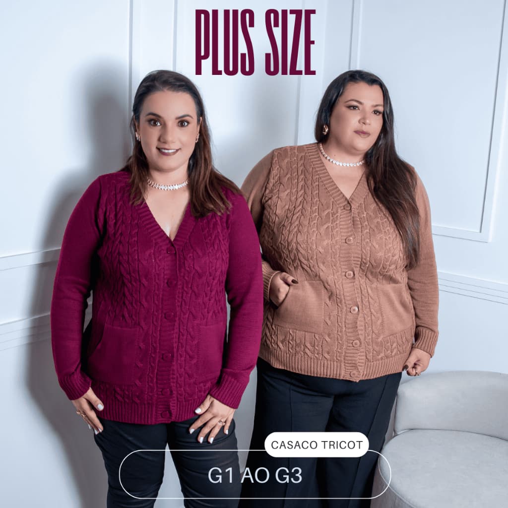 Cardigan  Casaco Plus Size Tricô Feminino Inverno G2 Veste 50 ao 52 Com Botões e Bolso Lã Quentinho Elegante