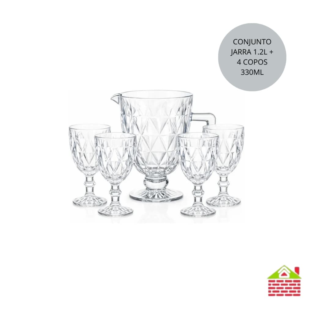 Jogo Jarra 1.2L e 4 Taças Diamond 330ml Transparente Agua, Suco, Refrigerante, Vinho