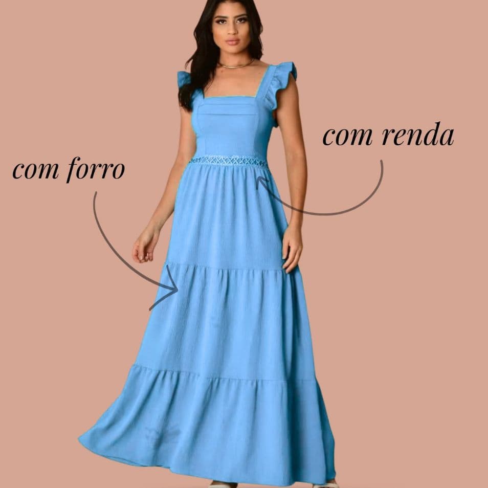 Vestido Longo Feminino Duna com alcinha babado  Elegante saia 3 marias