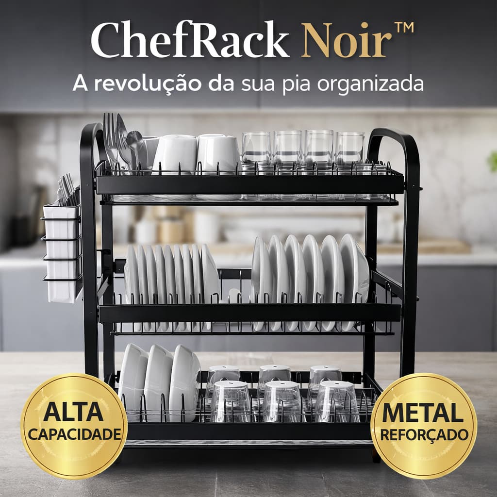 Escorredor de Louça 3 Andares Organizador de Pia Metal Preto Alta Capacidade ChefRack Noir Premium