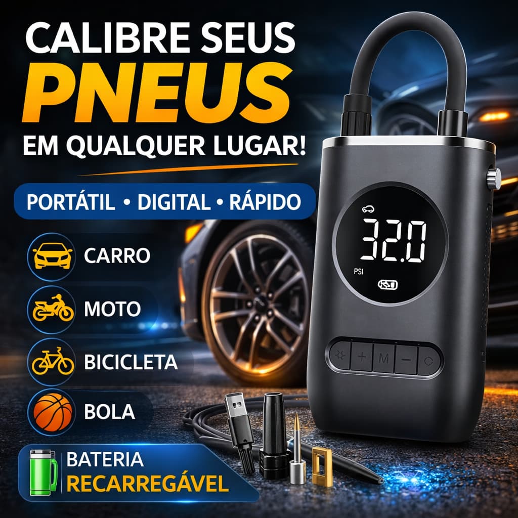 Compressor de Ar Portátil Digital Recarregável Calibrador Pn