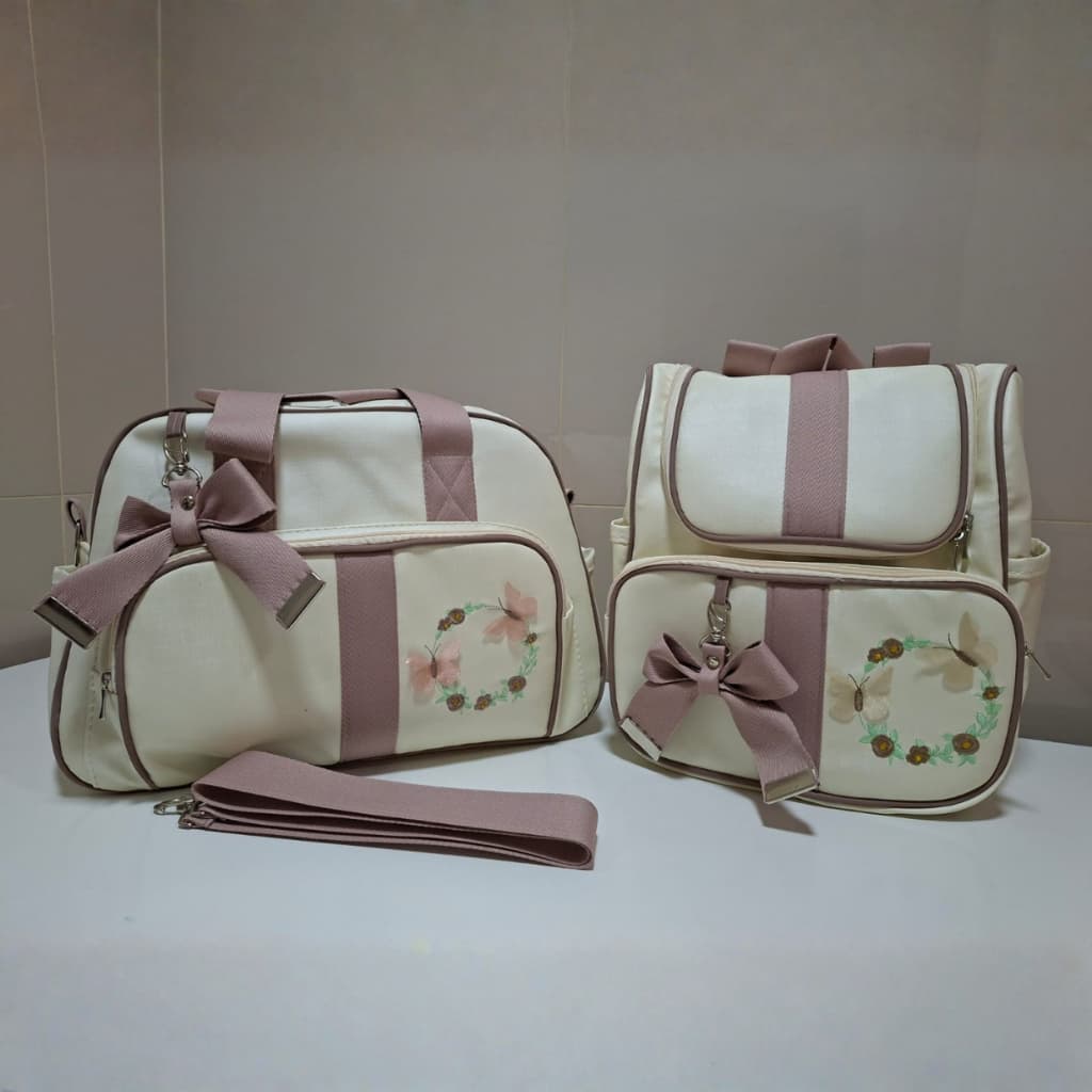 Kit Bolsa de Bebê e Mochila Maternidade Luxo Borboleta Bege/Nude