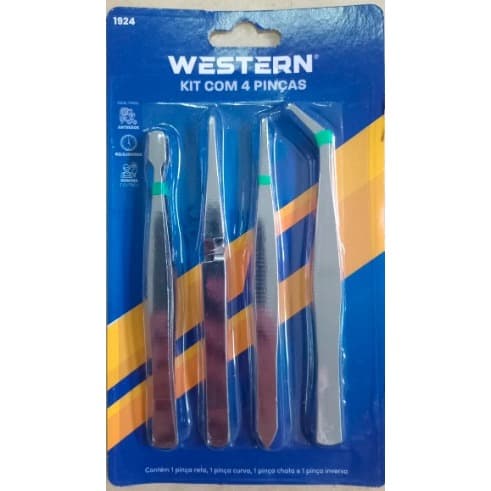 Kit 4 Pinças Precisão Aço reta Curva Chata Inversa Western