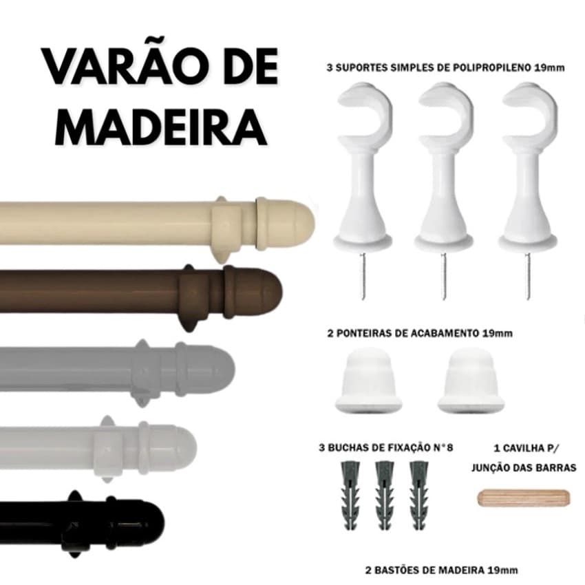 Varão de Madeira Kit Até 3 Varão Para Cortina 2,0 Metros 19mm Com Kit De Ponteira + Suporte