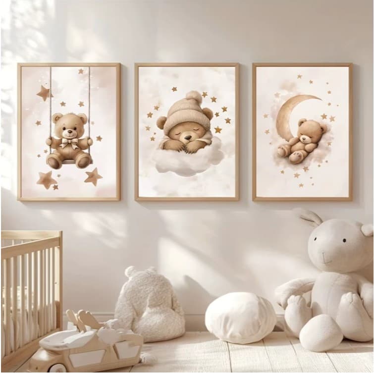Kit com 3 Quadros Decorativos 60x40 Modernos | Decoração para Quarto Infantil Ursinhos
