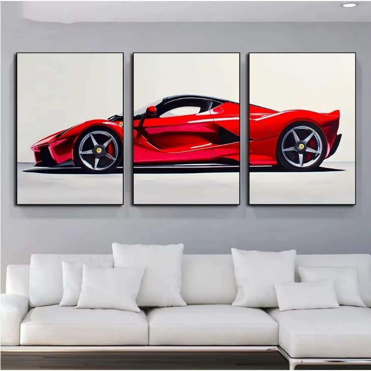 Kit com 3 Quadros Decorativos 60x40 Modernos | Decoração para Sala, Quarto Carro Esportivo Vermelho