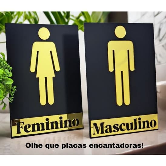 Placas banheiro identificação masculino + feminino prontas de ACM e acrilico com fita para instalação