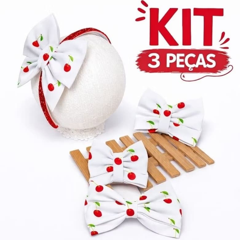 Kit Laços Infantil Cerejinha em Tecido Oxfordine com Tiara Parzinho e Laço M para Cabelo Menina