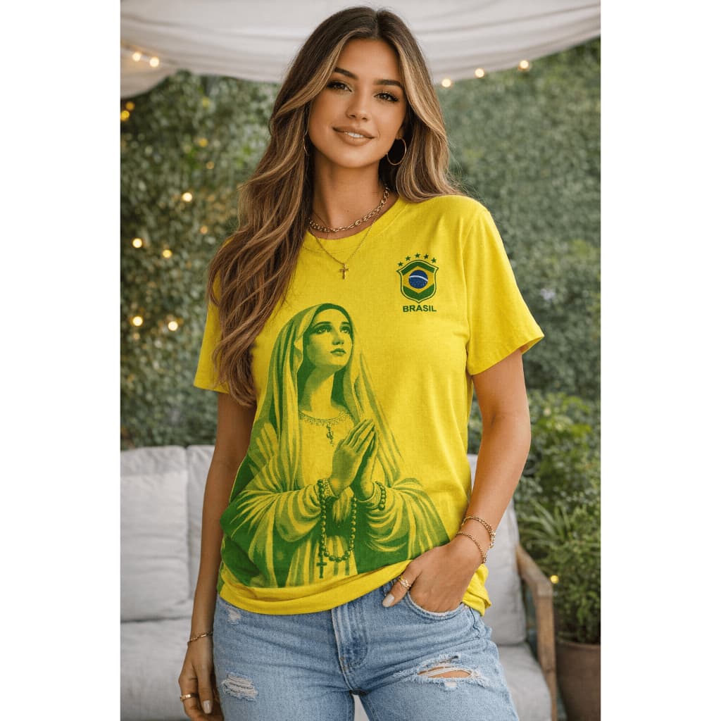 Camiseta algodão Brasil Católica, Maria Nossa Senhora, Camisa manga curta leve estilo