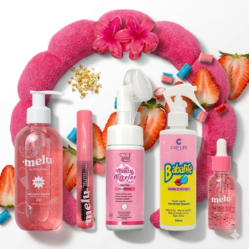 Kit Skincare Completo 6 Itens Melu + Espuma Micelar +Protetor Térmico + Sérum Facial + Gel Sobrancelha + Tiara Maquiagem
