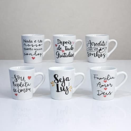 Kit Xicara Familia Frases 120ml Porcelana Caneca Chá Café Presente Criativo Personalizado Decoracao Cozinha