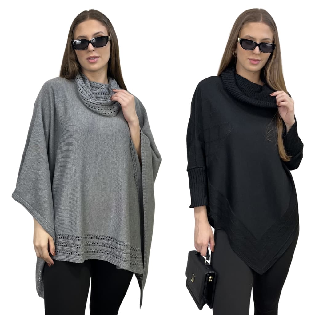 Kit 2 Poncho Tricot Feminina Kimono Manga Longa Inverno