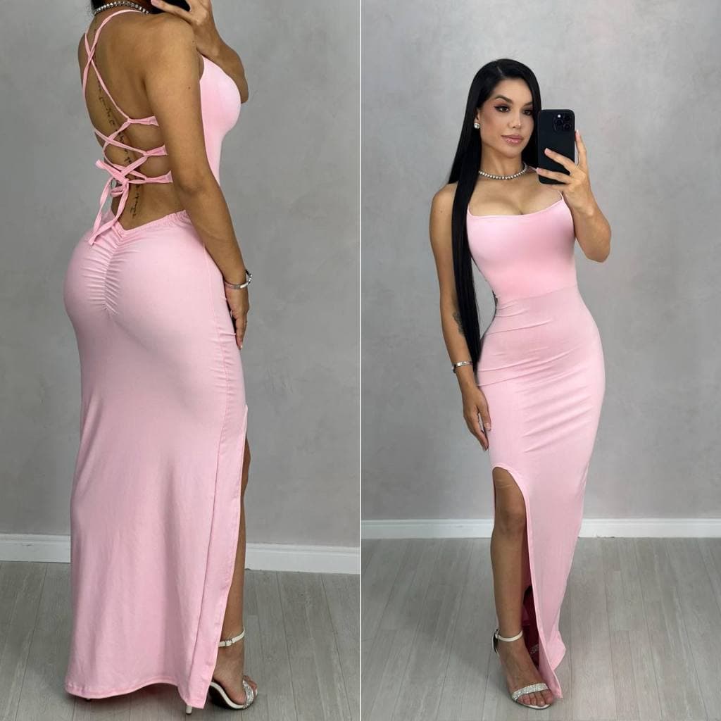 Vestido Longo Elegante Costas Nuas Trançadas Fenda Lateral Tubinho Empina Bumbum Colado Festas Charmoso Sensual.