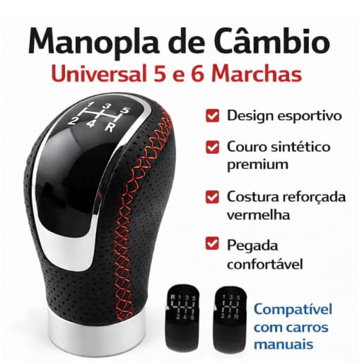Manopla Bola Alavanca De Câmbio Universal De Couro Alumínio 5 e 6 Marchas Carro Automotivo