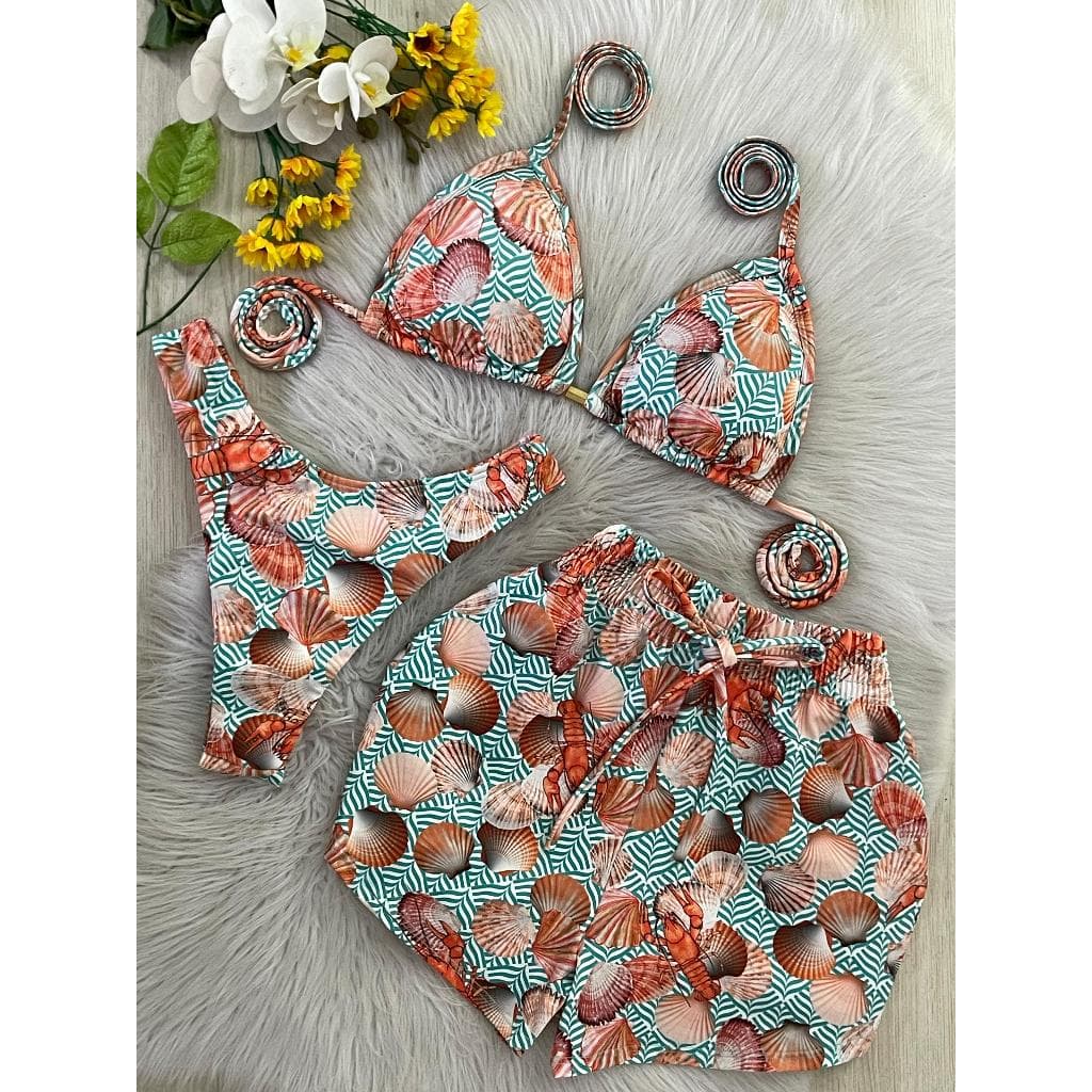 Conjunto Biquíni Cortininha + Shortinho | Look Feminino Praia Colorido Estiloso Conchas do Mar