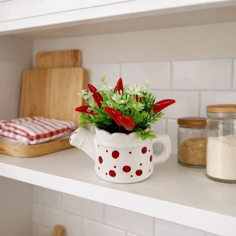 vaso Decorativo Chaleira com Pimenta Artificial | Enfeite de Cozinha | Vaso Decorativo Cerâmica | Decoração de Mesa.
