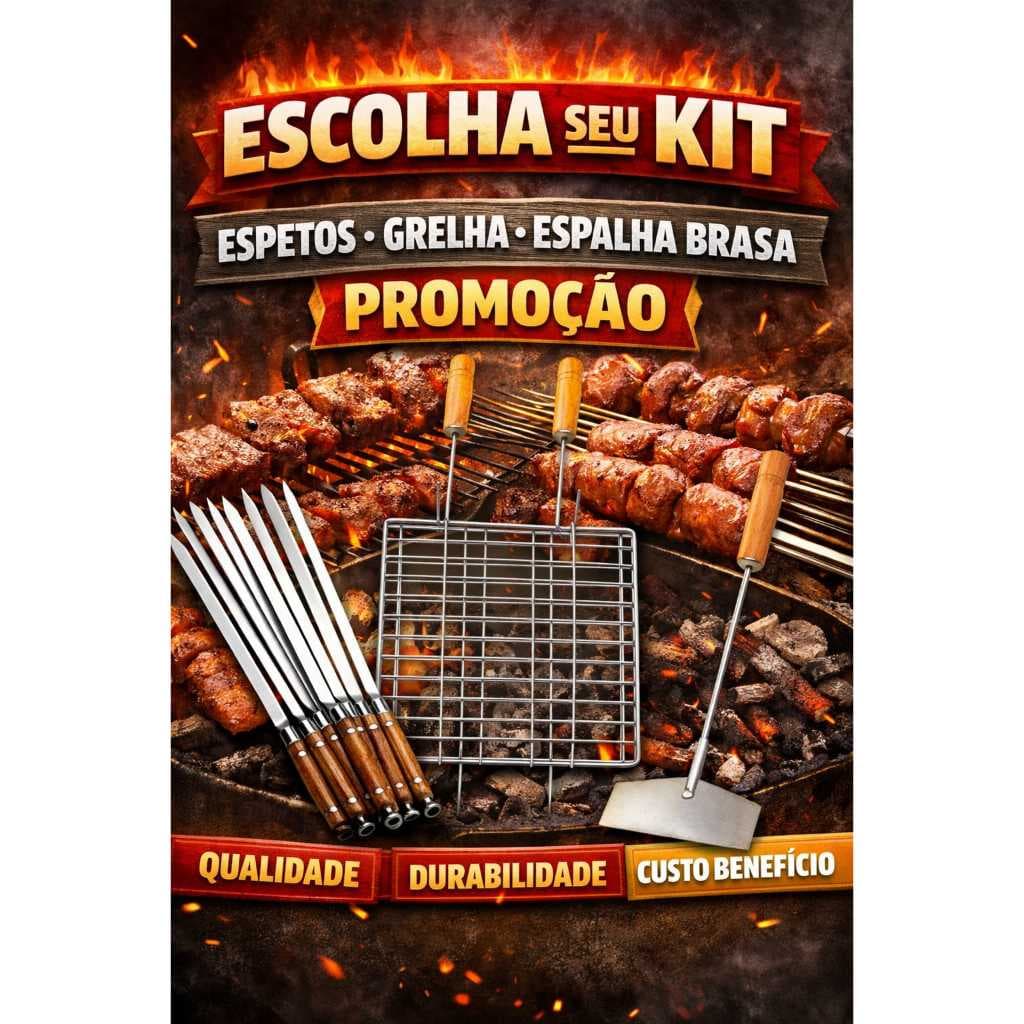 Conjuntos Espetos, grelha e espalha brasa  , carnes, franco e linguiça