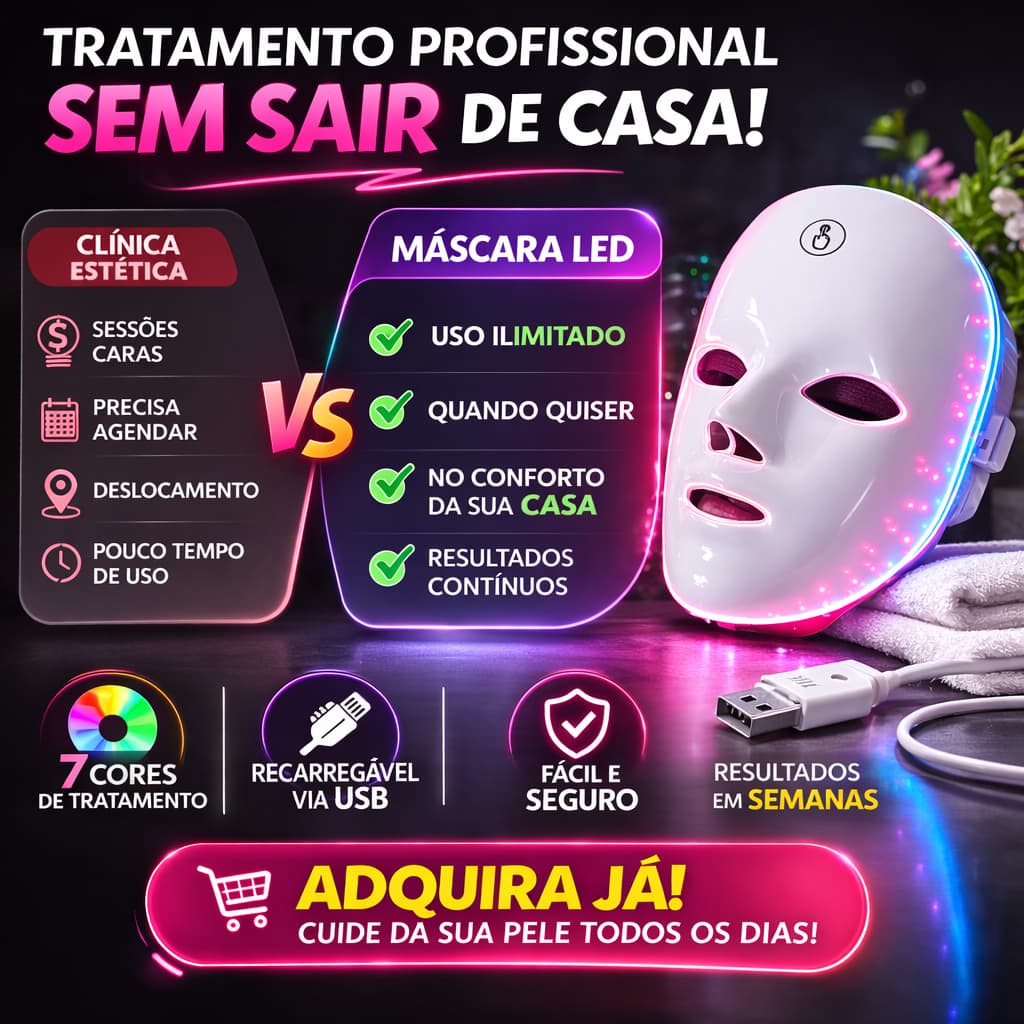 Máscara Fototerapia LED 7 Cores Facial Antiacne Rugas Colágeno Clareamento Profissional