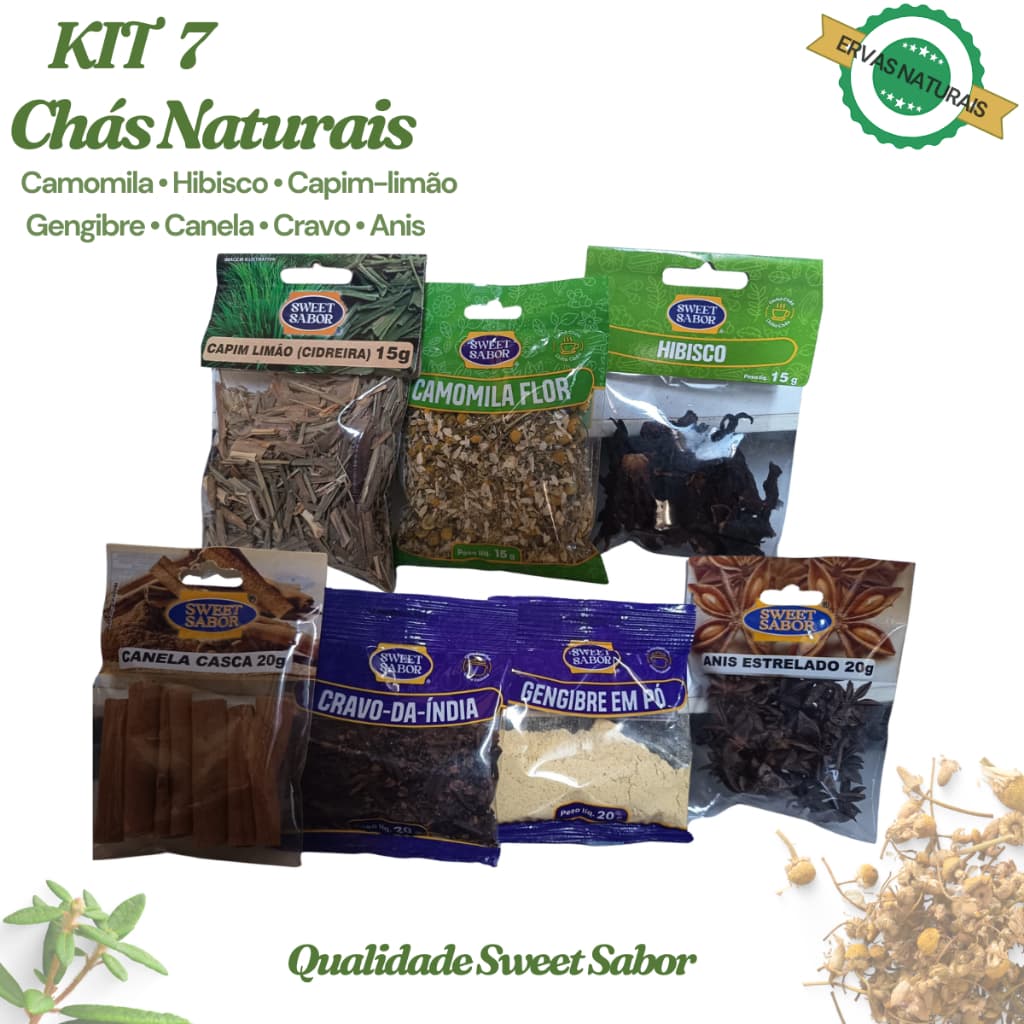 Kit 7 Chás Naturais Camomila Hibisco Capim Limão Gengibre Canela Cravo Anis Ervas Para Infusão