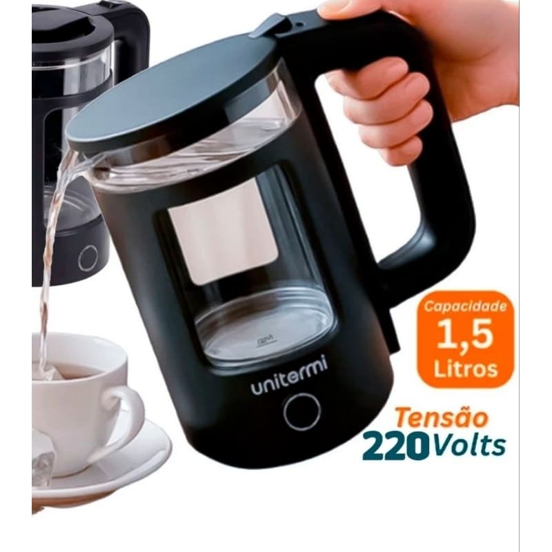 Chaleira Elétrica 1,5 Litros Unitermi Mali 220Volts Vidro e Inox Ferve Água Rápido Alta Qualidade
