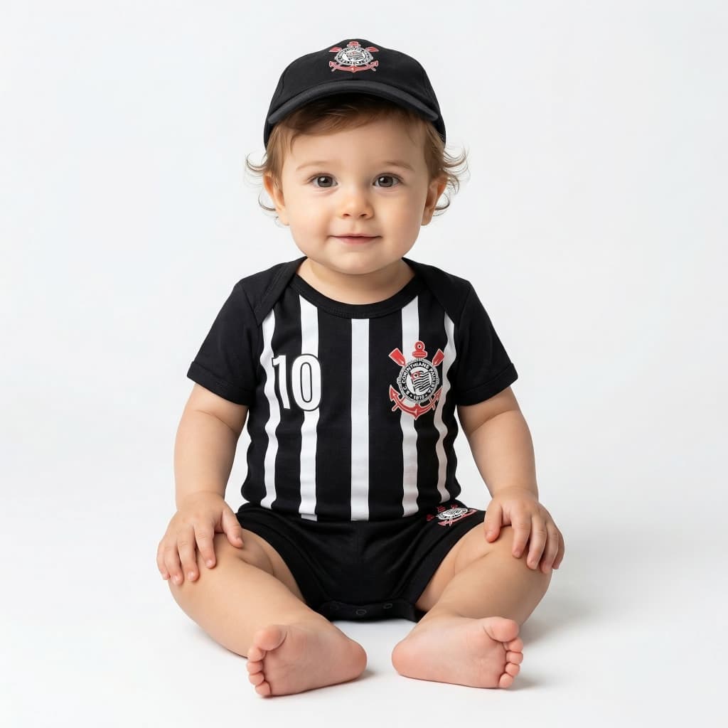 Body Roupa de Bebê Mesversario Corinthians Conjunto Short e Boné Envio Rápido