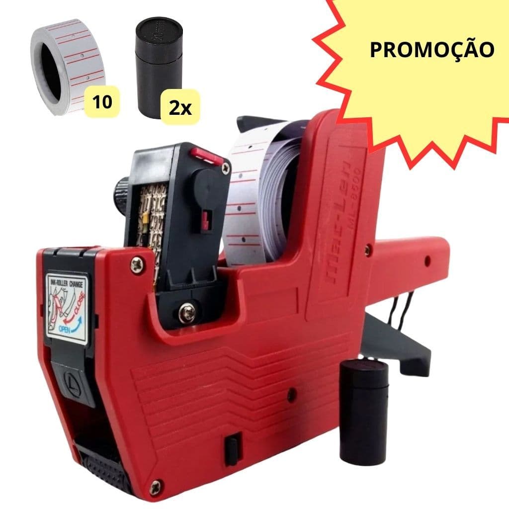 Etiquetadora de Preço Manual 8 Dígitos com 2 Refil de Tinta + 10 Rolos de Etiquetas