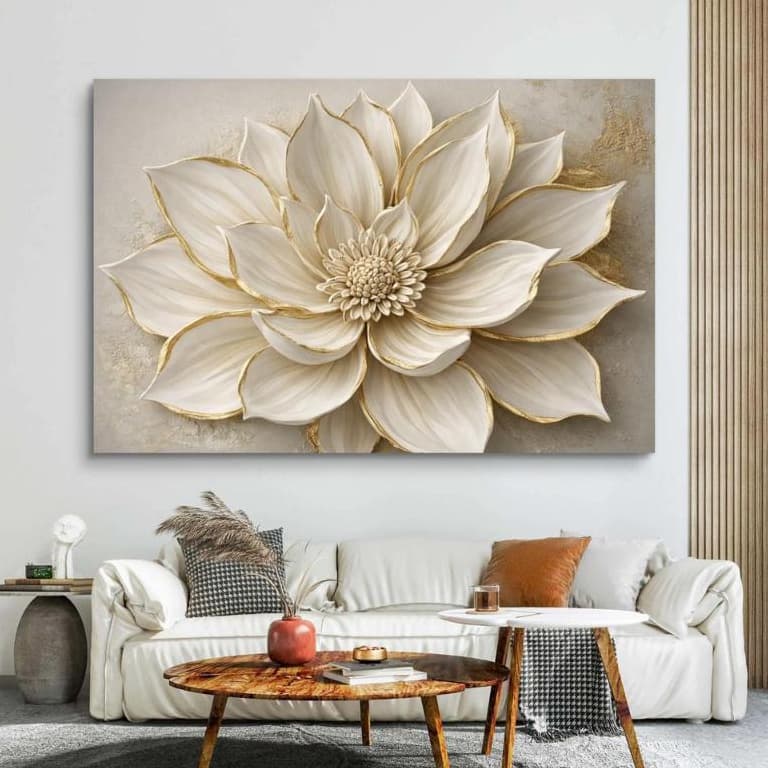 Quadro Decorativo Flor Branca 3D Detalhes Dourados Arte Moderna Luxo Sala Quarto Decoração de Parede