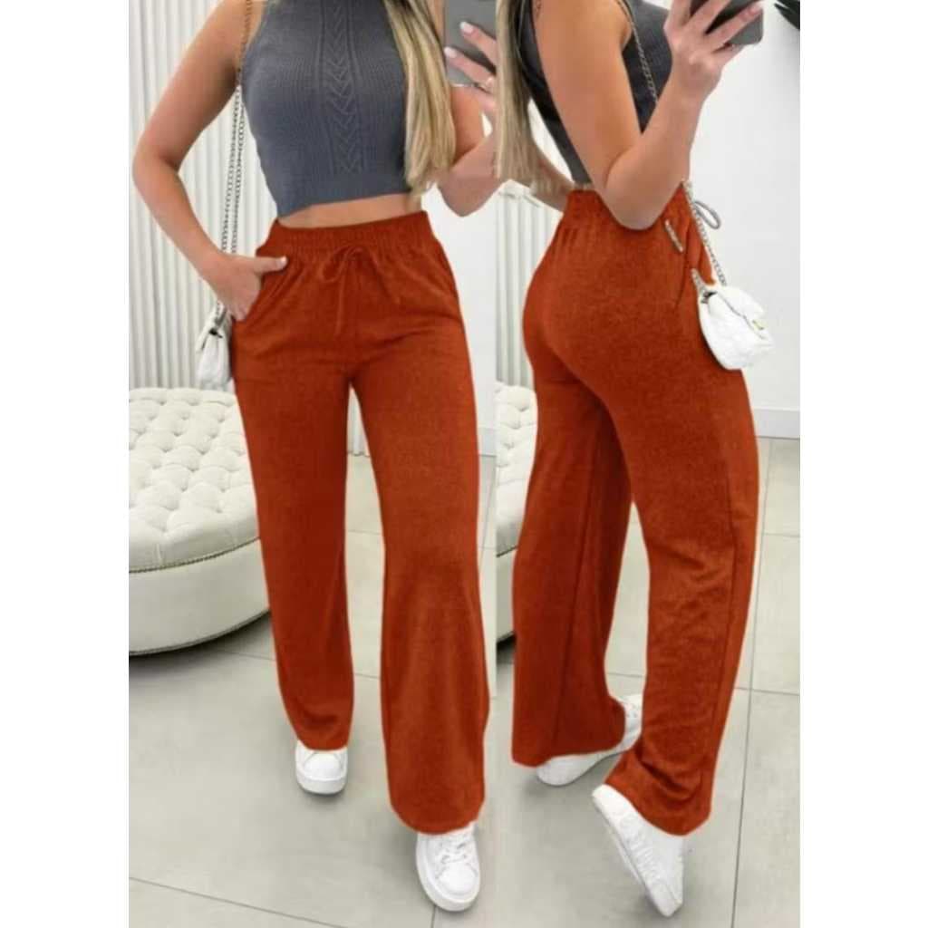 Calça Pantalona Feminina Moletom Lanzinha com Elástico na Cintura