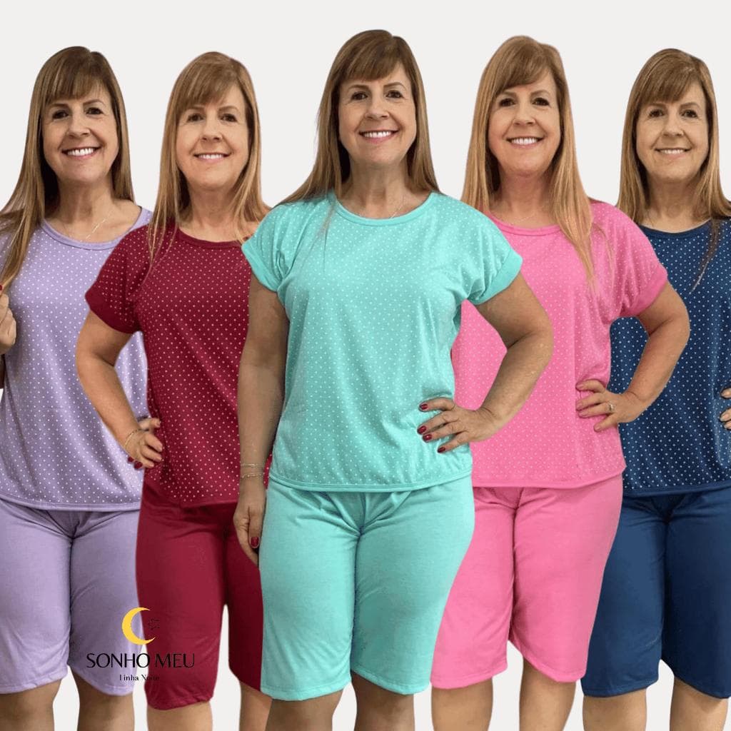 Kit 5 Pijamas Feminino Pescador Conjunto Manga Curta e Bermuda de Malha até o Joelho Senhora Capri