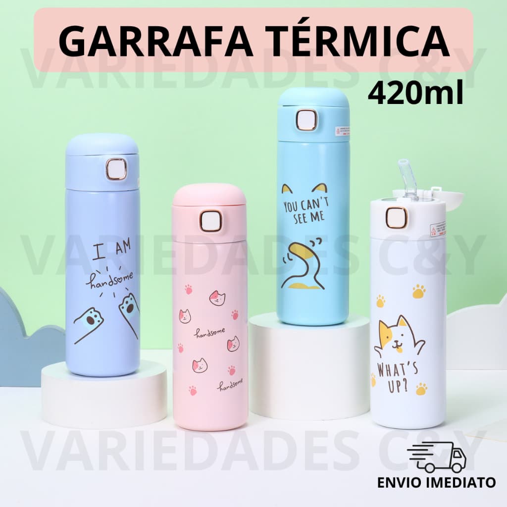 Garrafa Inox 420ml Compacta para Água Suco Estampa de Gatinho Colorido