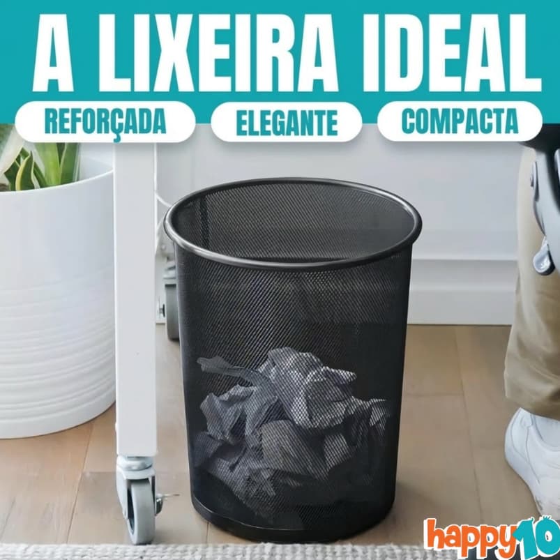 Lixeira de Metal Aramada Telada 10 Litros Preta Cesto de Lixo para Escritório Sala Quarto e Cozinha