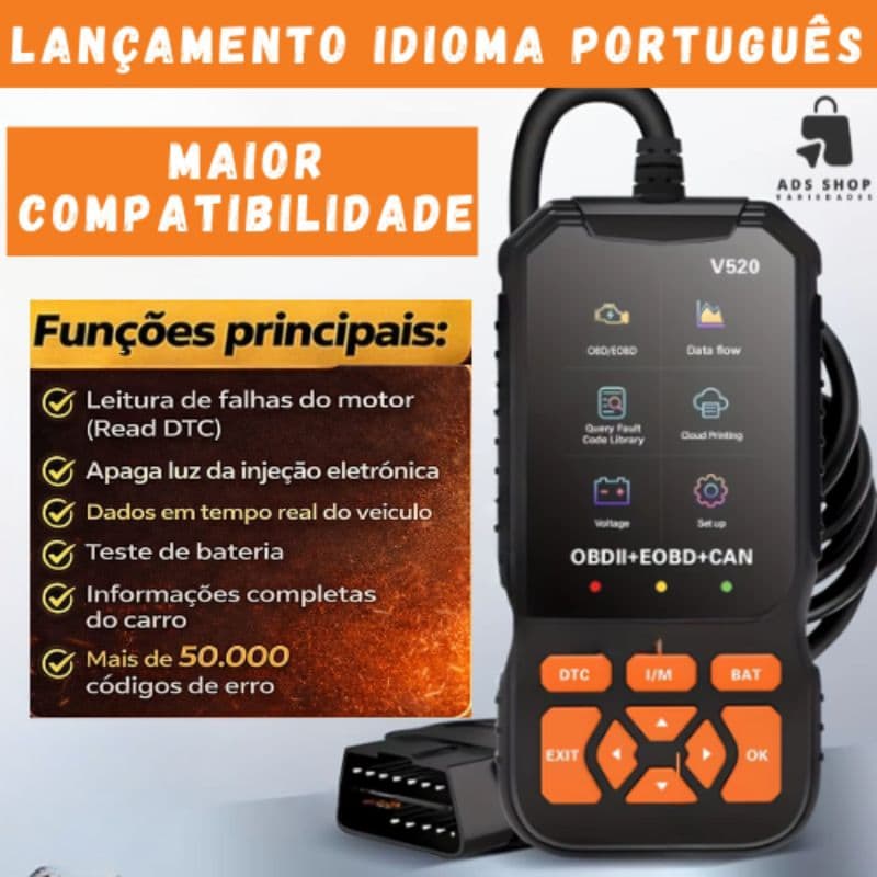 Scanner Obd2 Automotivo V520 Profissional idioma Portugues Tela em HD